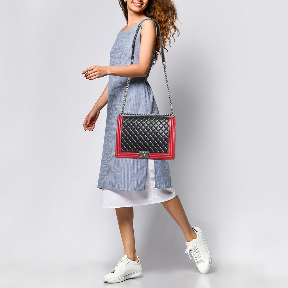 CHANEL Black/Red Quilted Leather Large Boy Flap Bag