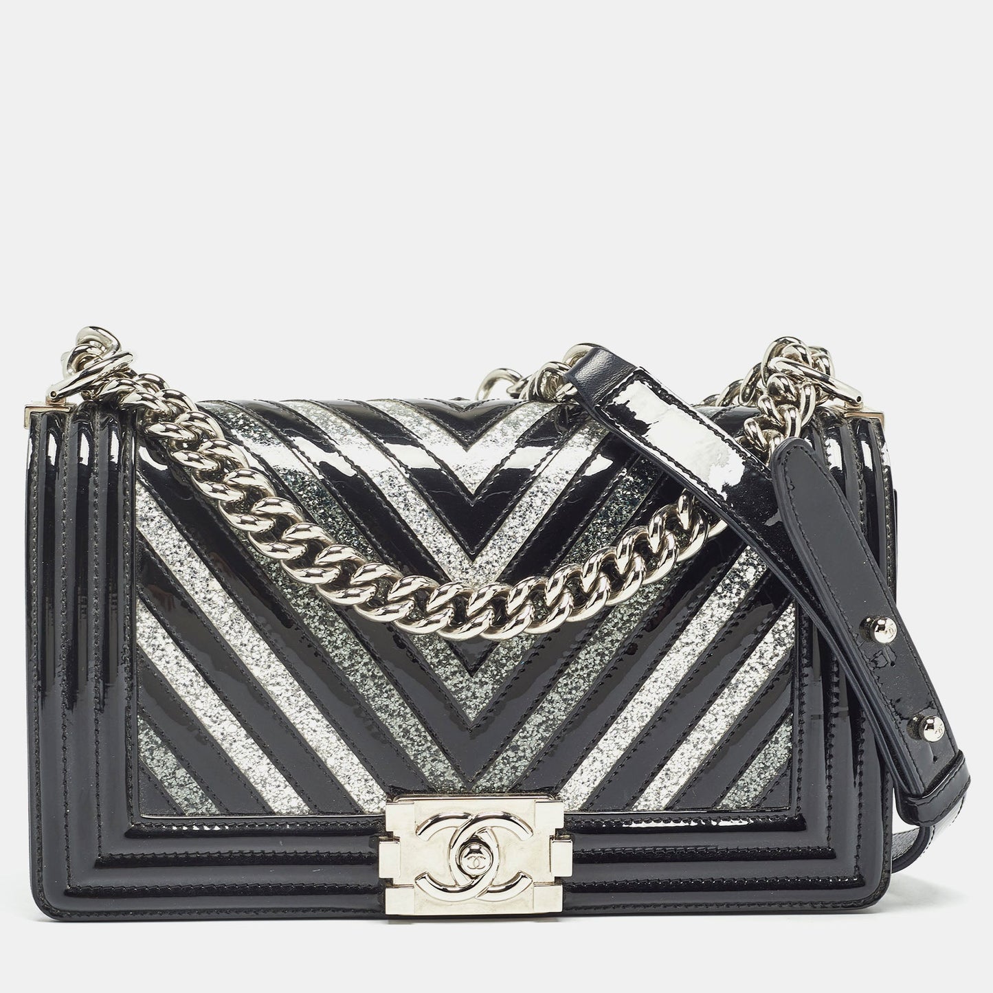 CHANEL Black/Silver Chevron Patent Leather Medium Boy Flap Bag