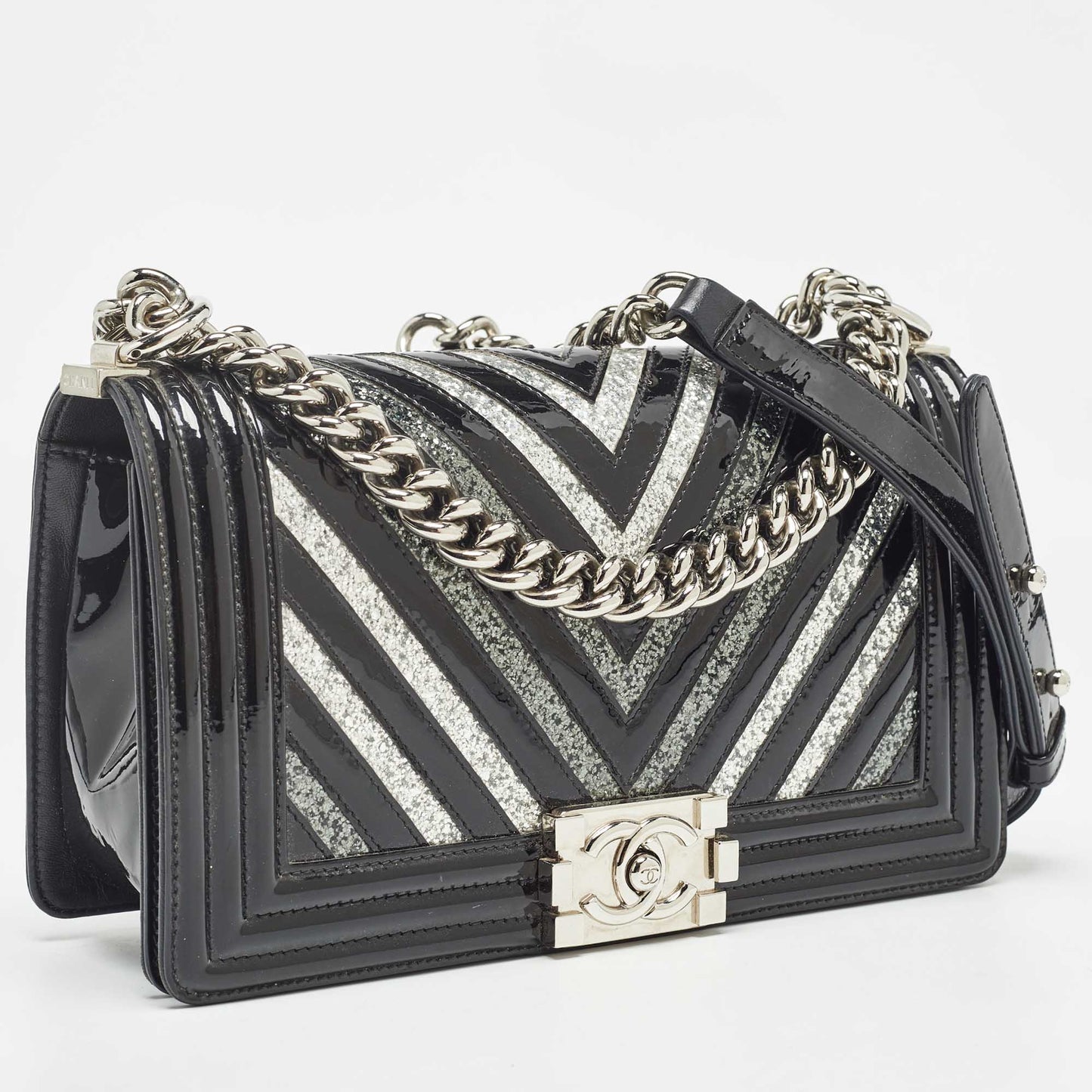 CHANEL Black/Silver Chevron Patent Leather Medium Boy Flap Bag