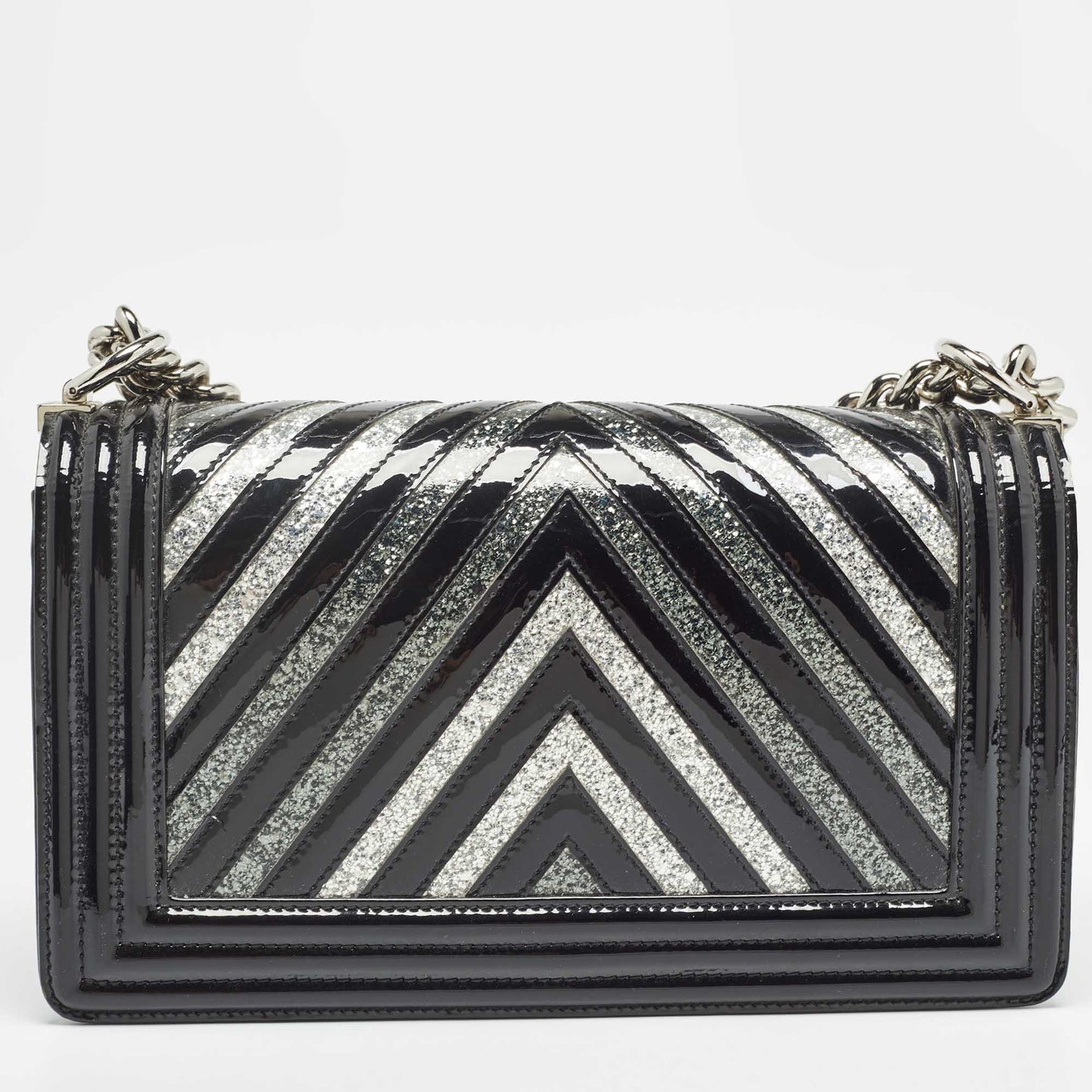 CHANEL Black/Silver Chevron Patent Leather Medium Boy Flap Bag