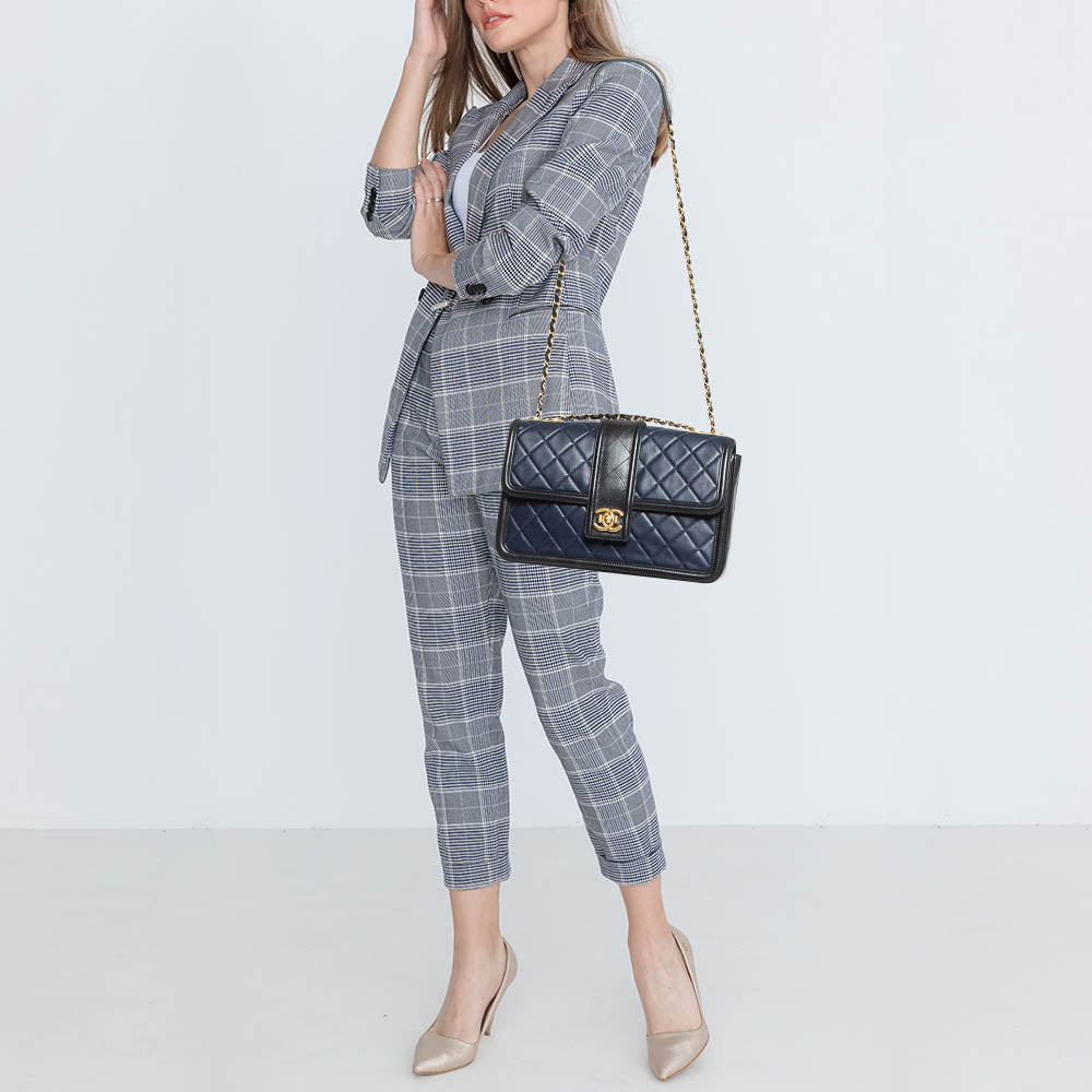 CHANEL Navy Blue/Black Quilted Leather Elegant CC Shoulder Bag
