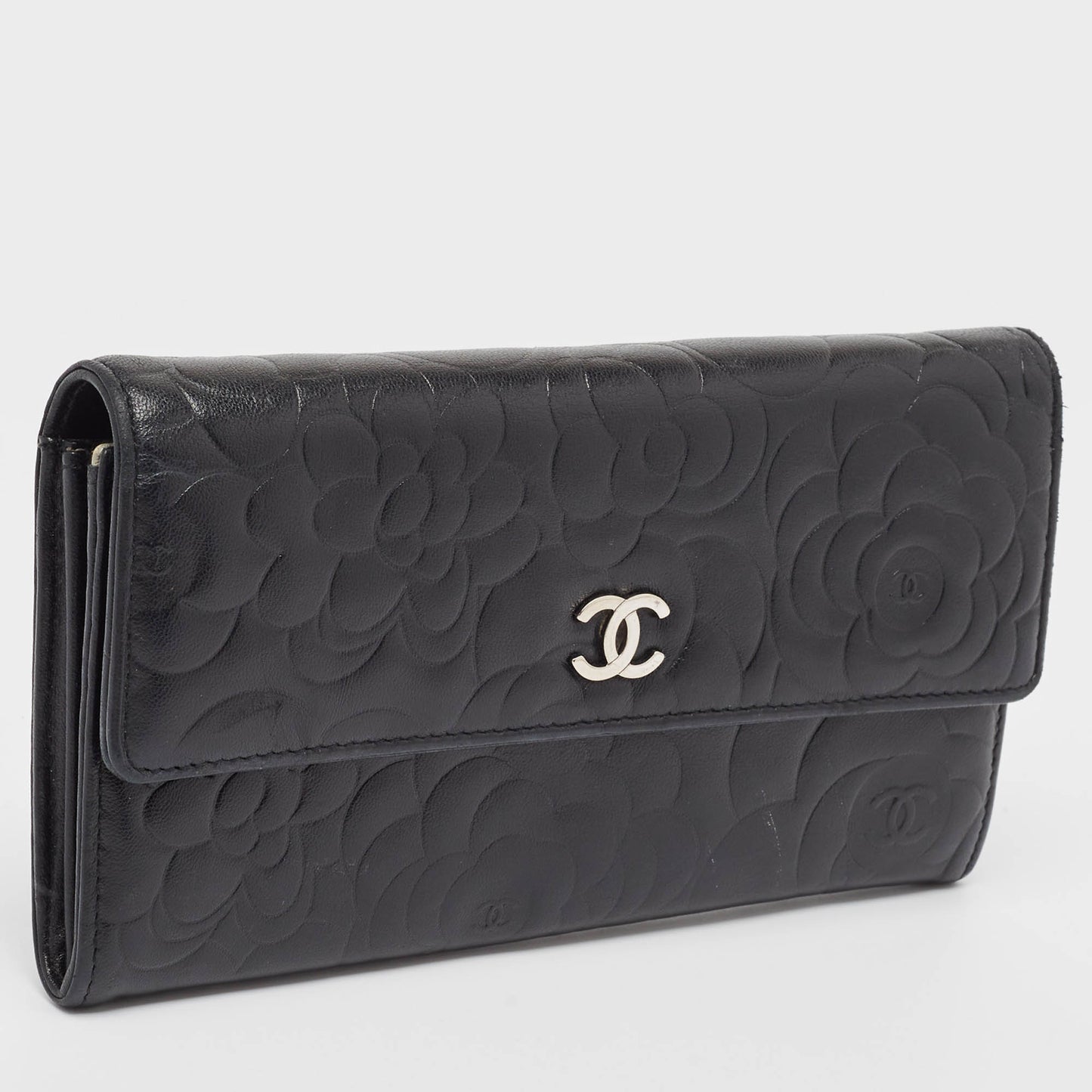 CHANEL Black Camellia Embossed Leather Large Flap Wallet