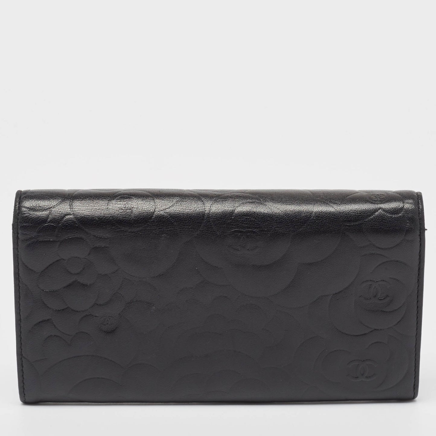 CHANEL Black Camellia Embossed Leather Large Flap Wallet