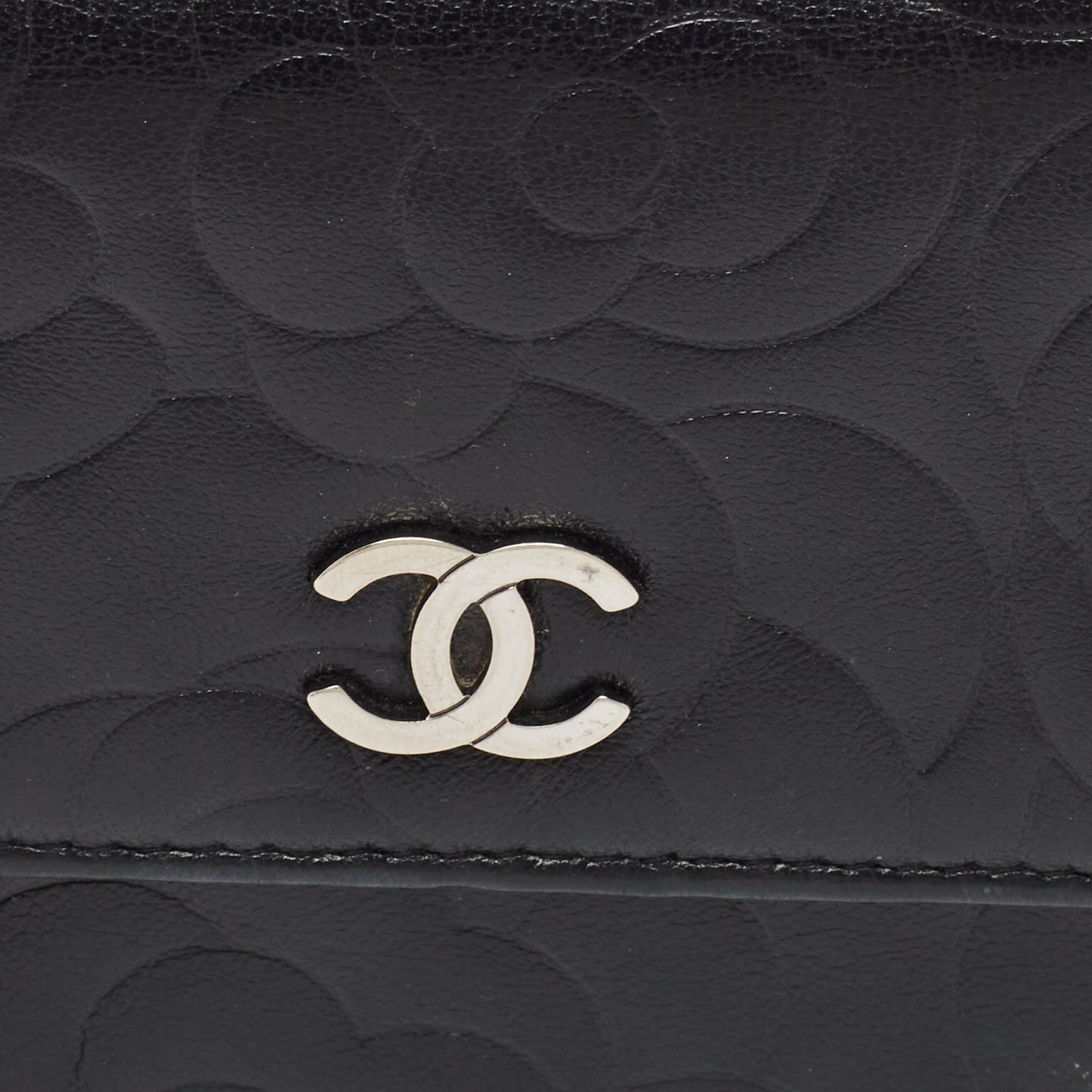 CHANEL Black Camellia Embossed Leather Large Flap Wallet