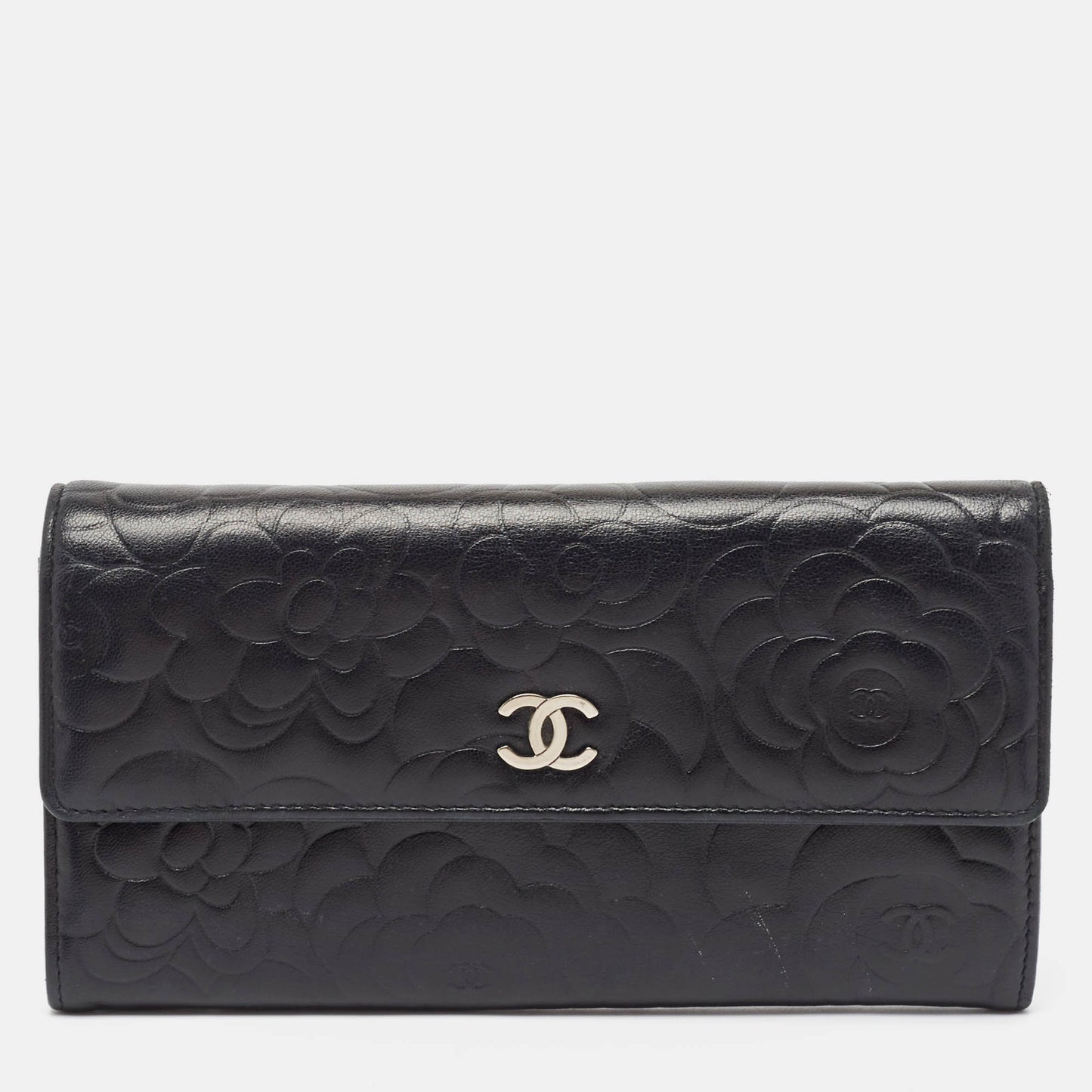 CHANEL Black Camellia Embossed Leather Large Flap Wallet