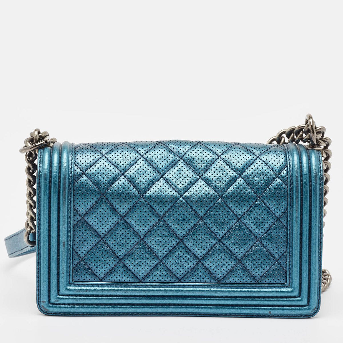 CHANEL Metallic Blue Perforated Quilted Leather Medium Boy Flap Bag