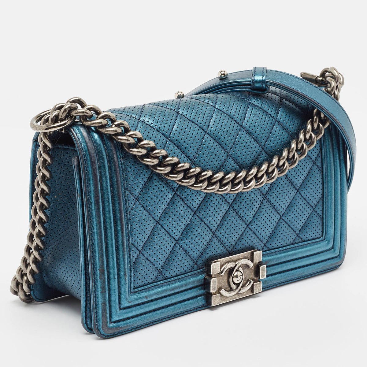 CHANEL Metallic Blue Perforated Quilted Leather Medium Boy Flap Bag