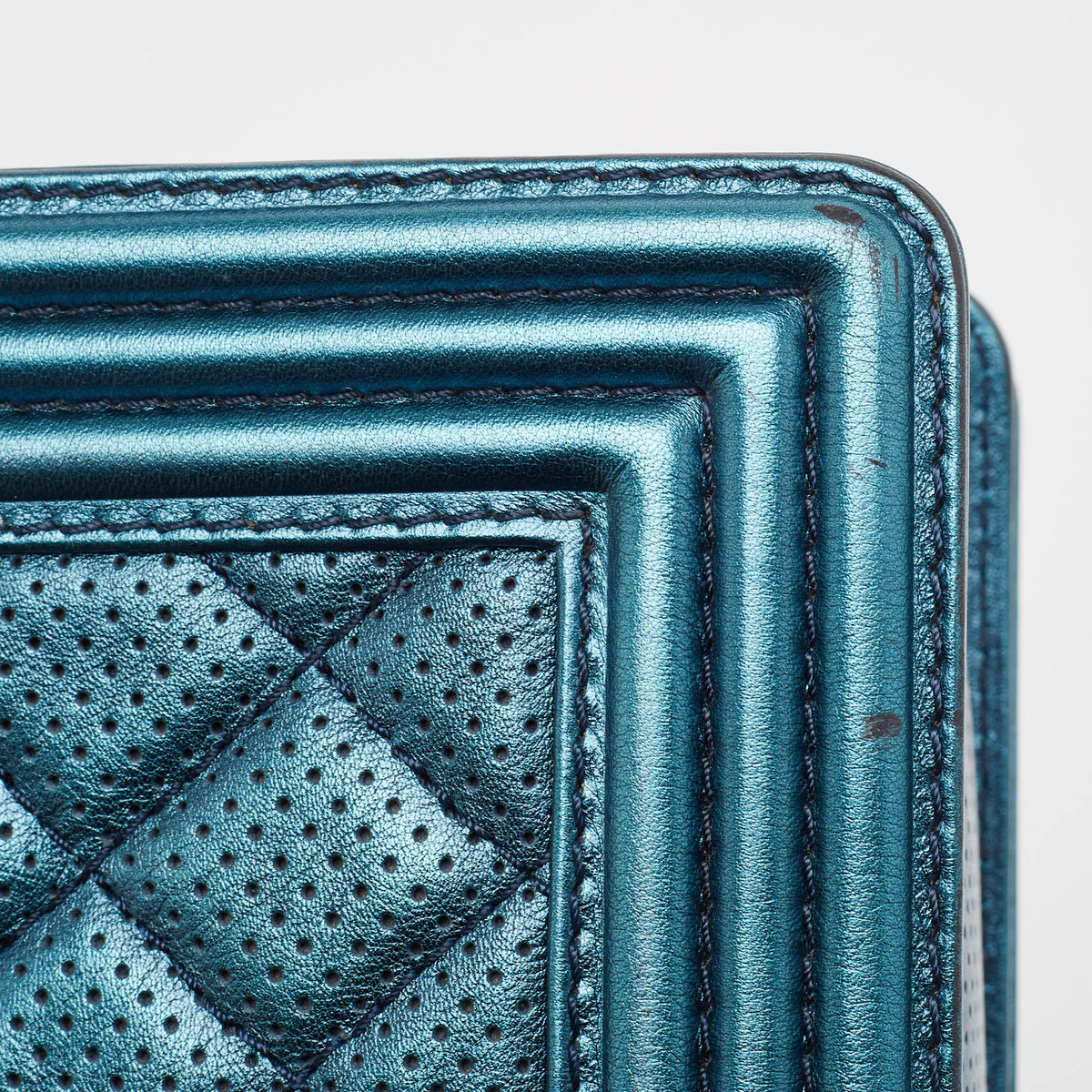 CHANEL Metallic Blue Perforated Quilted Leather Medium Boy Flap Bag