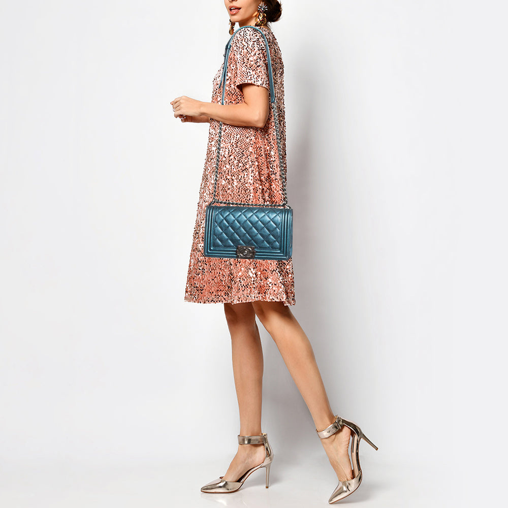 CHANEL Metallic Blue Perforated Quilted Leather Medium Boy Flap Bag