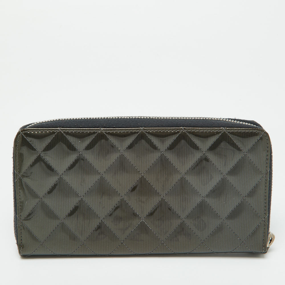 CHANEL Olive Green Quilted Patent Leather Classic Zip Around Wallet