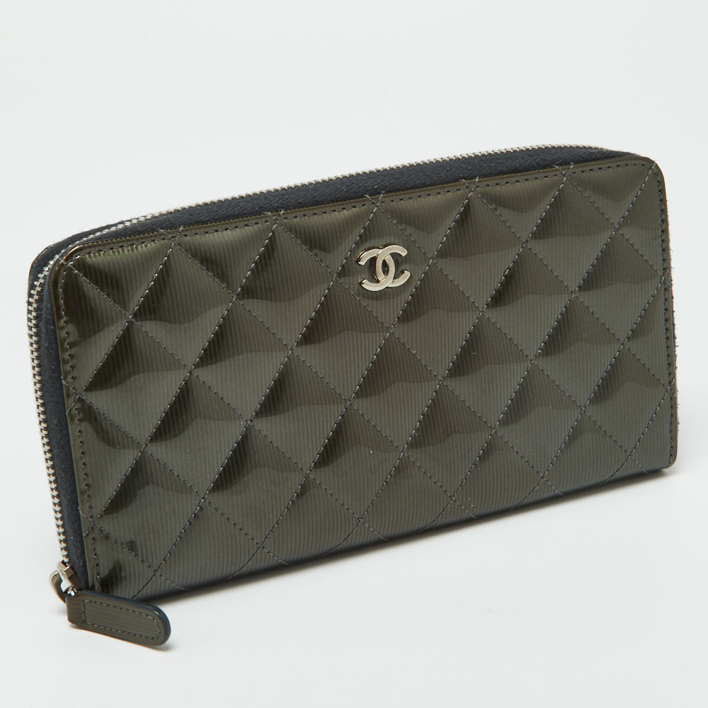 CHANEL Olive Green Quilted Patent Leather Classic Zip Around Wallet