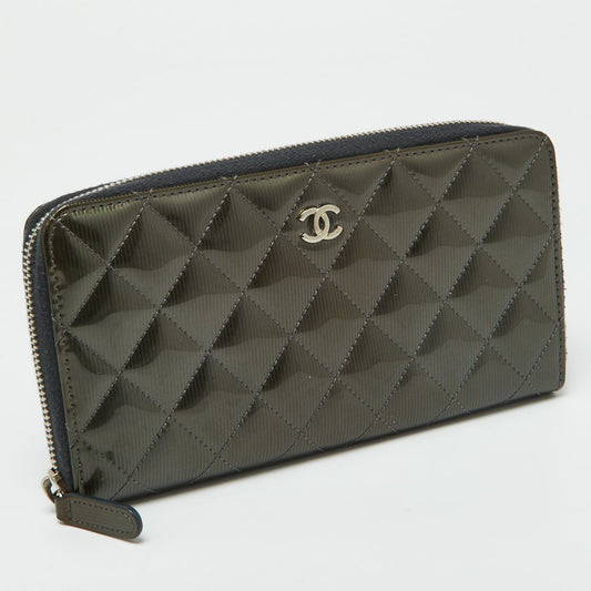CHANEL Olive Green Quilted Patent Leather Classic Zip Around Wallet