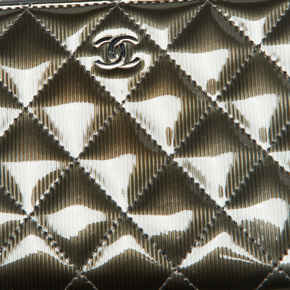 CHANEL Olive Green Quilted Patent Leather Classic Zip Around Wallet