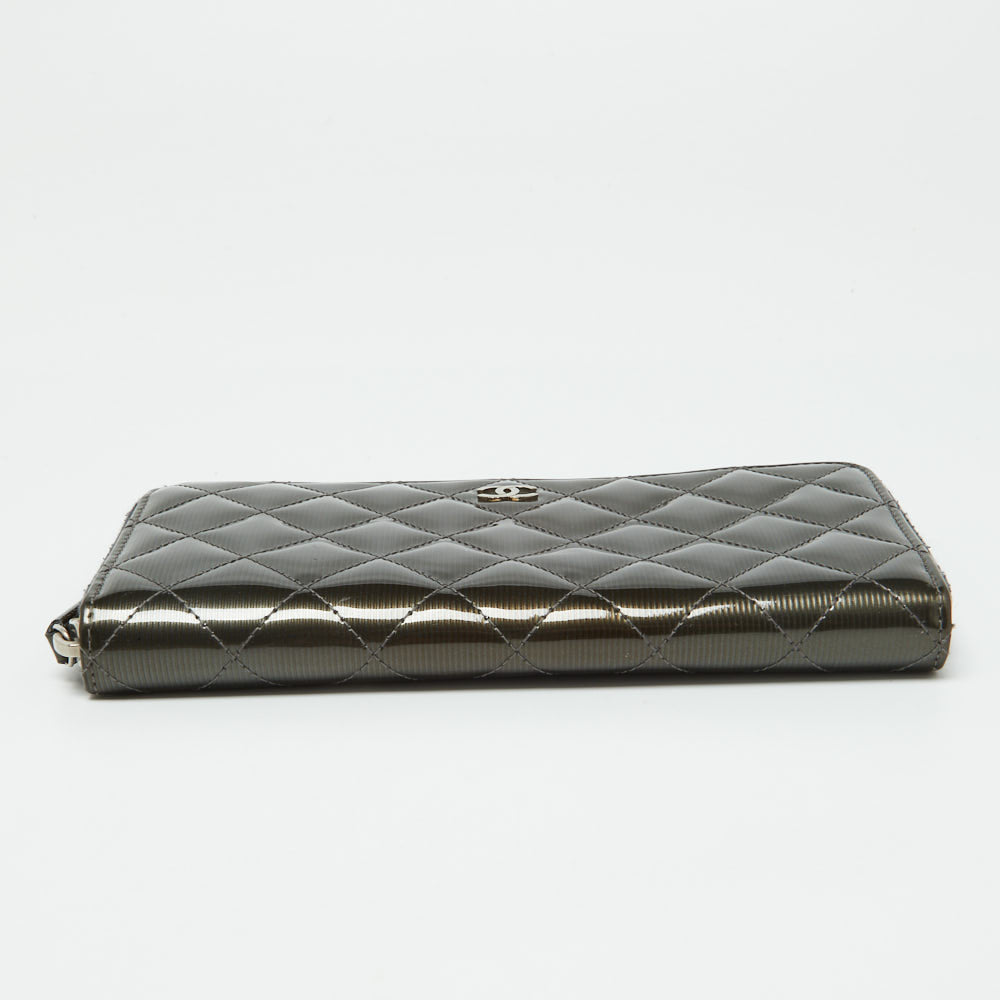 CHANEL Olive Green Quilted Patent Leather Classic Zip Around Wallet