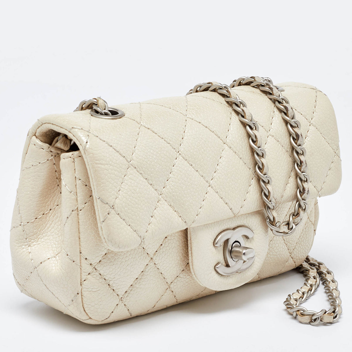 CHANEL Pearl Beige Quilted Caviar Leather New Mini Classic Flap Bag