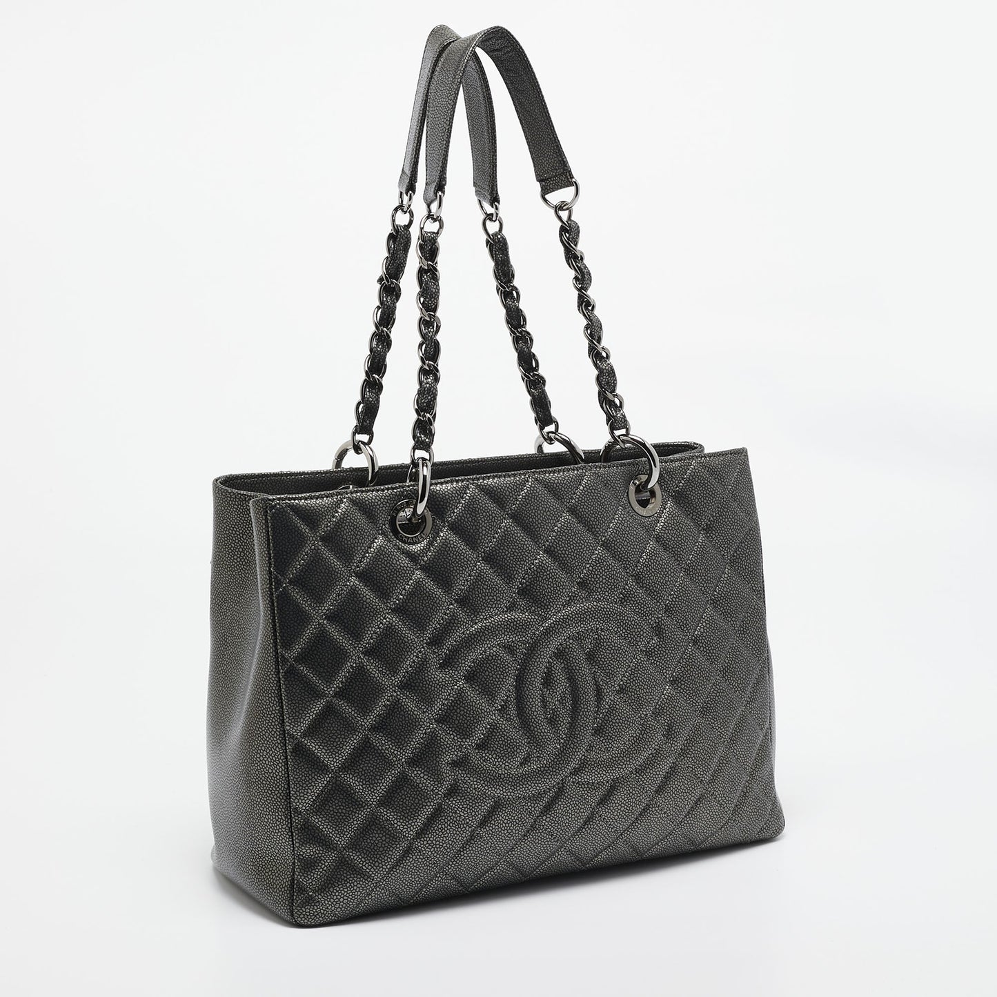 CHANEL Dark Grey Quilted Caviar Leather GST Tote