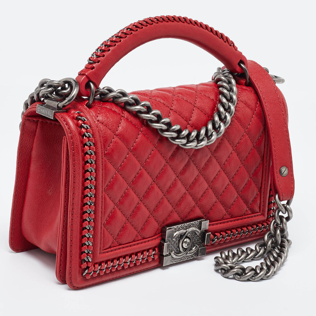CHANEL Red Quilted Leather Medium Chain Around Boy Flap Bag