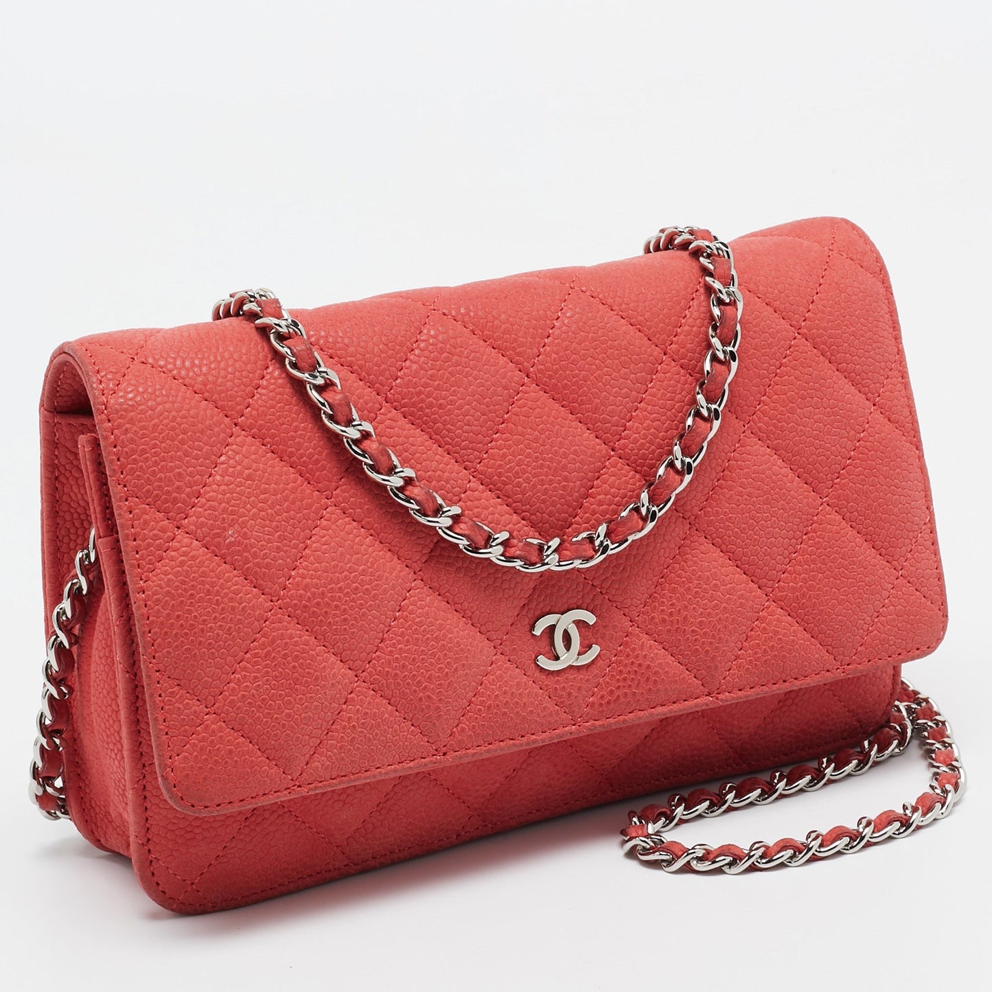 CHANEL Coral Pink Quilted Caviar Leather CC Flap Wallet on Chain