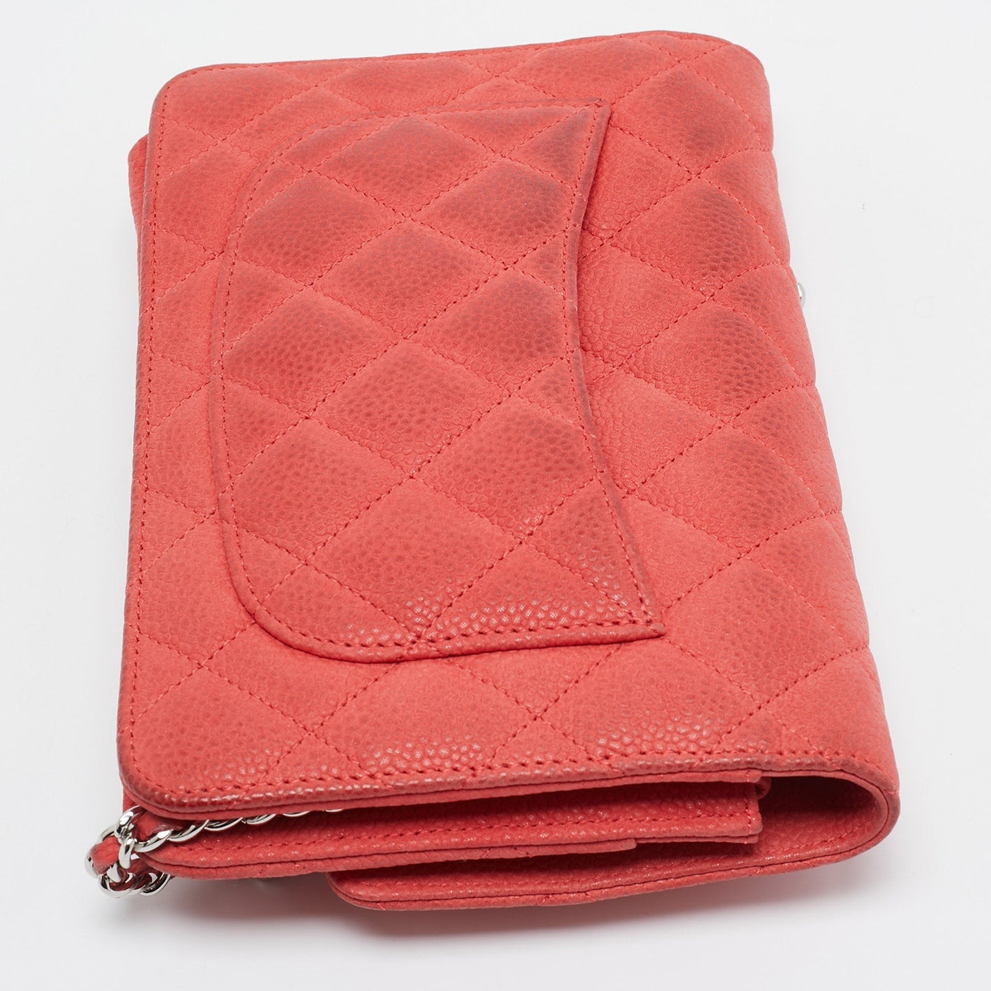 CHANEL Coral Pink Quilted Caviar Leather CC Flap Wallet on Chain