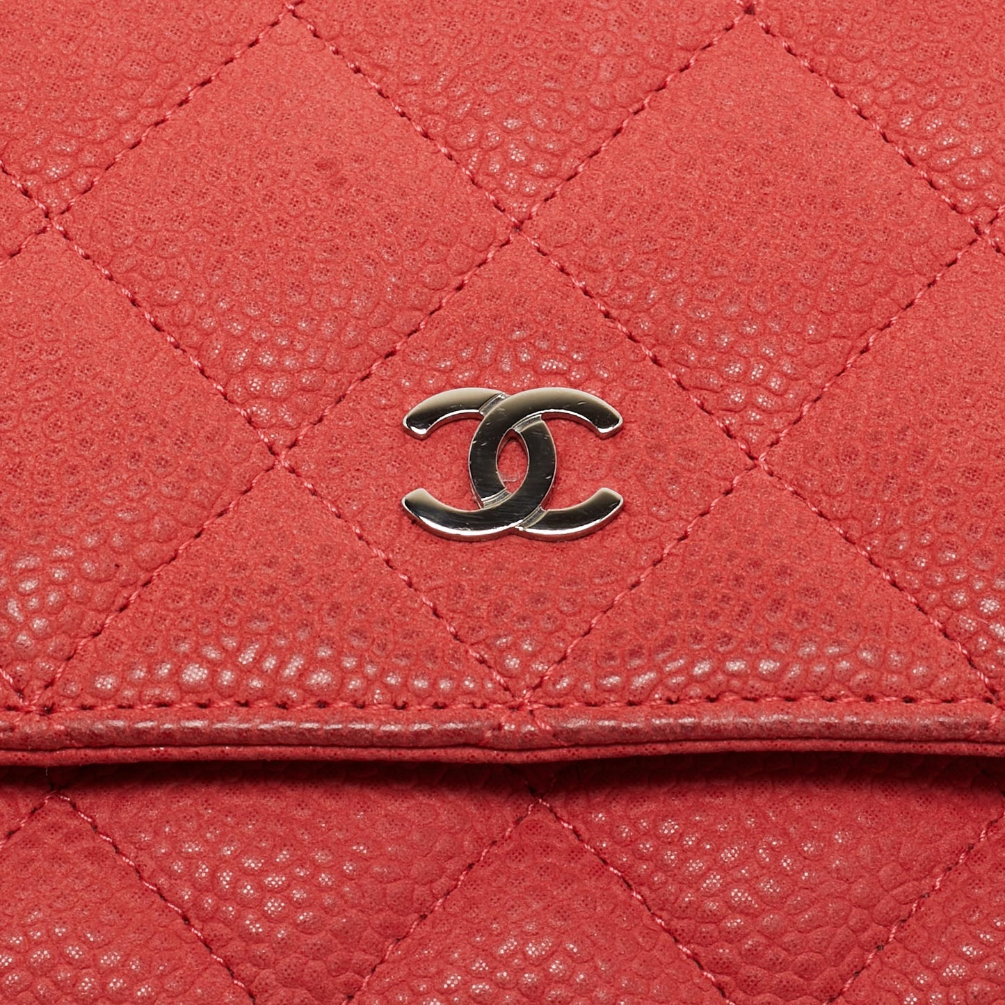 CHANEL Coral Pink Quilted Caviar Leather CC Flap Wallet on Chain