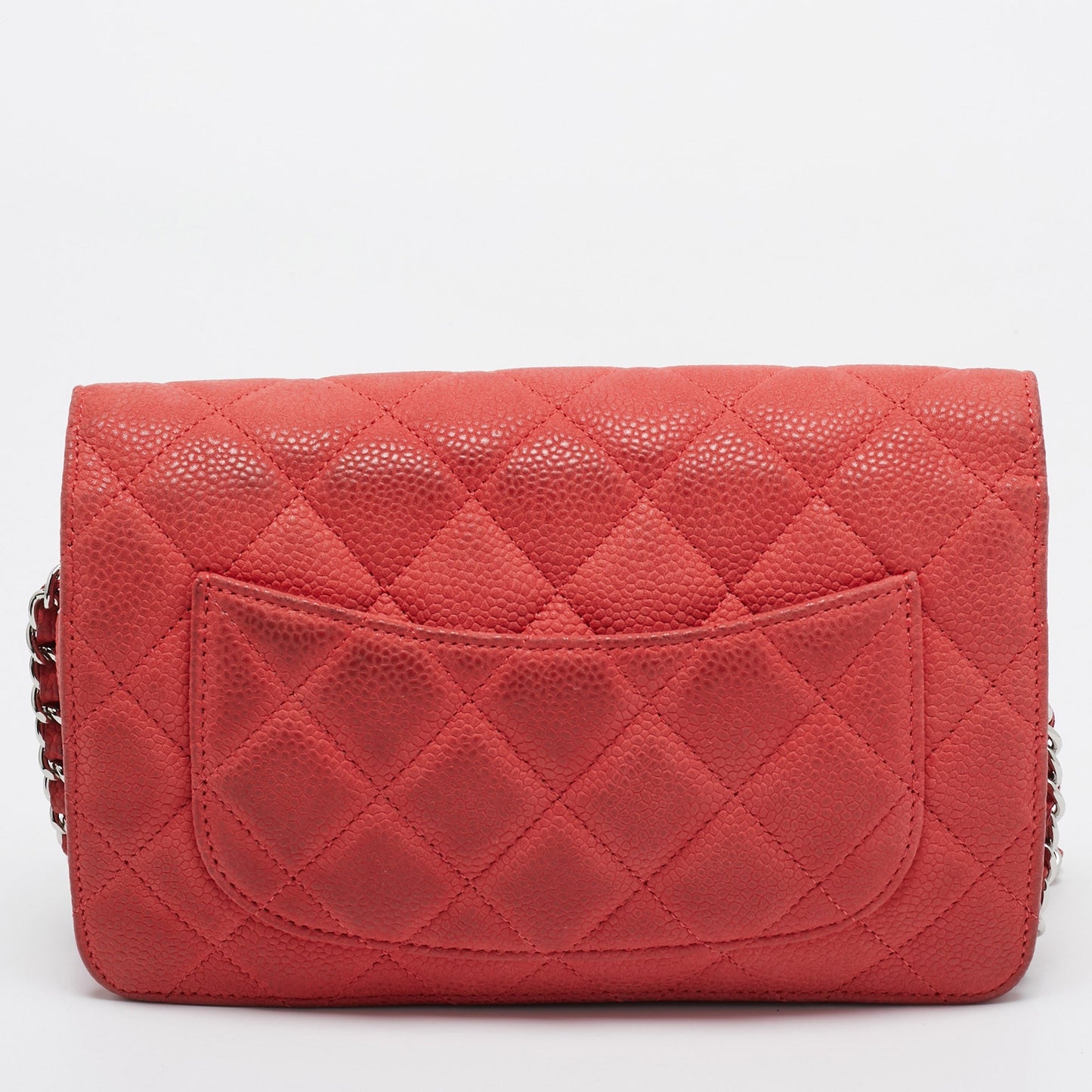 CHANEL Coral Pink Quilted Caviar Leather CC Flap Wallet on Chain