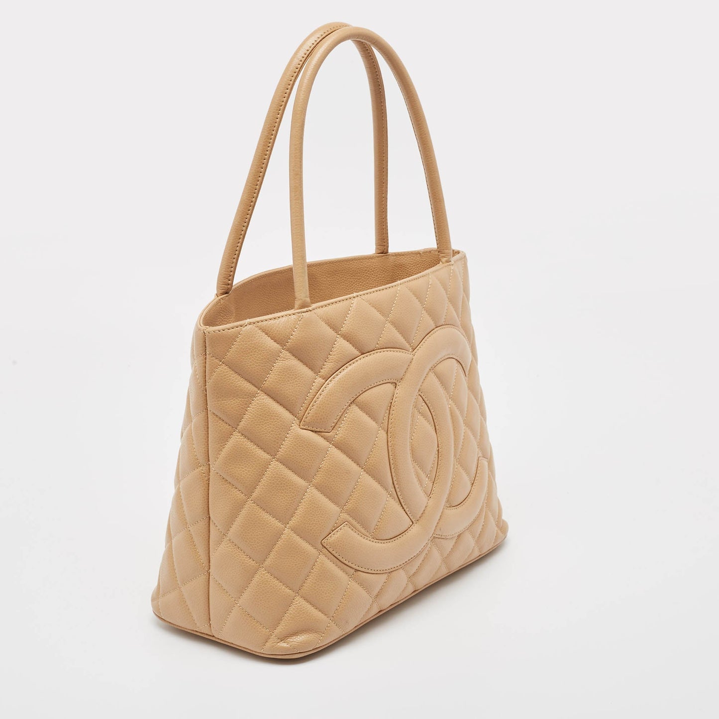 CHANEL Beige Quilted Caviar Leather Medallion Tote