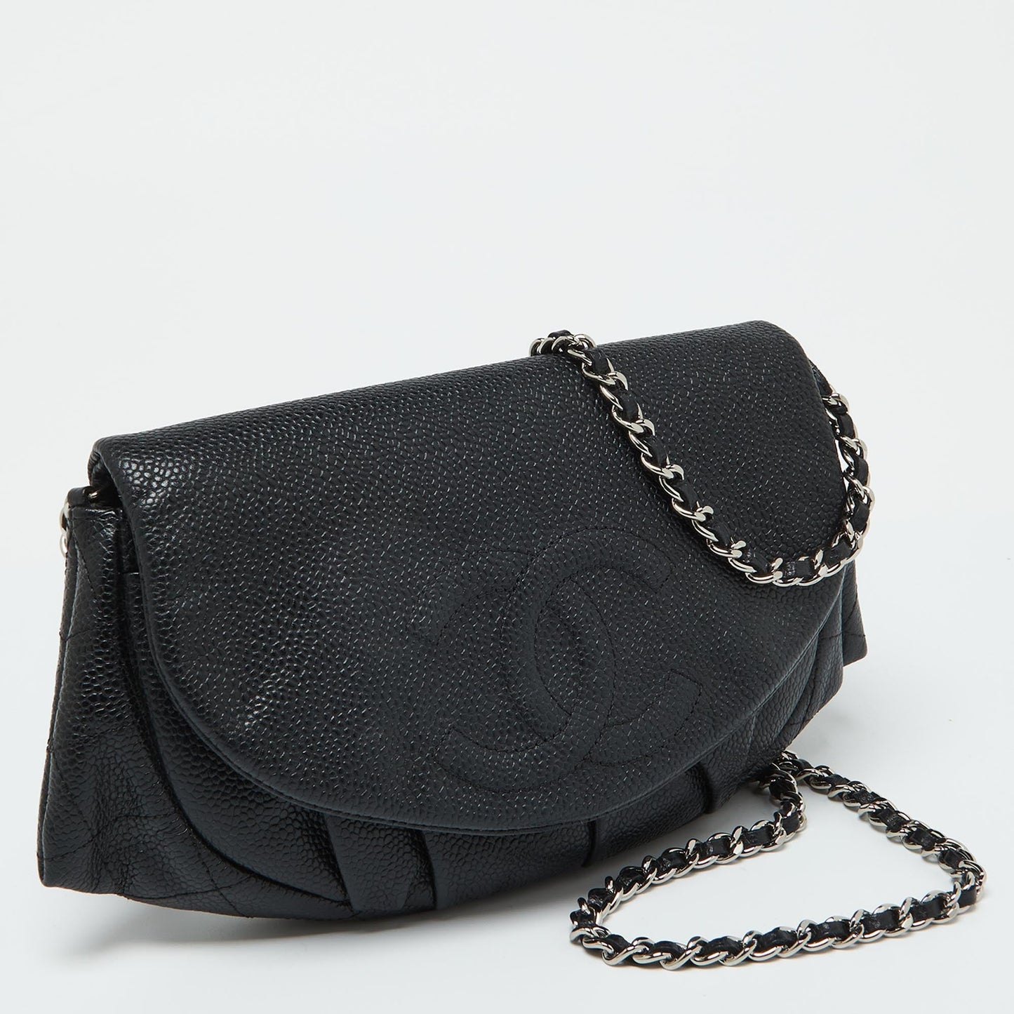 CHANEL Black Caviar Leather Half Moon Wallet On Chain