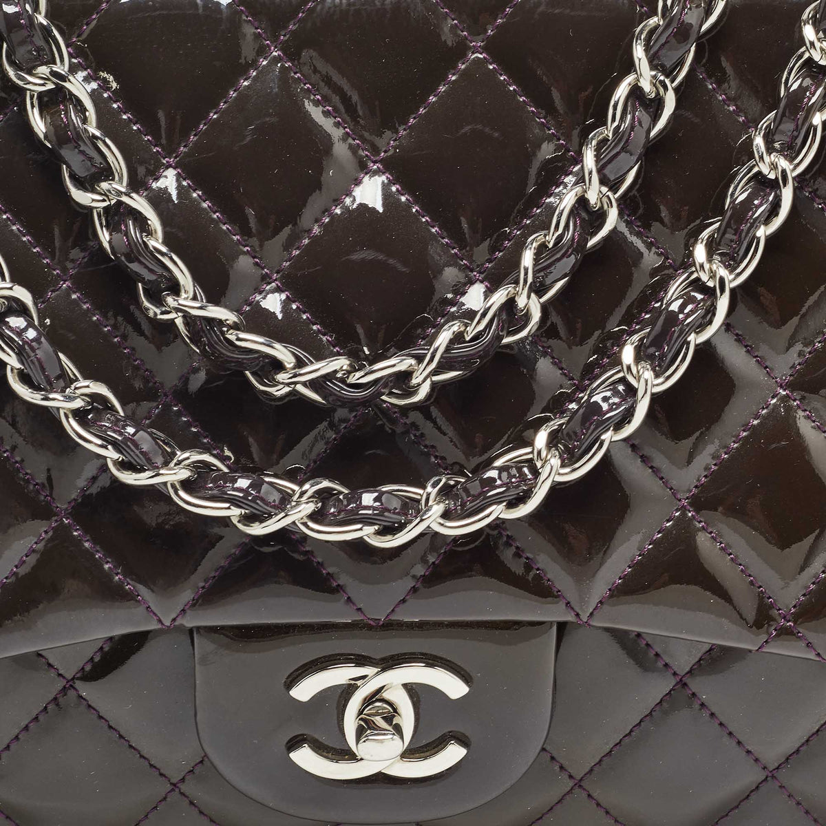 CHANEL Plum Quilted Patent Leather Jumbo Classic Single Flap Bag