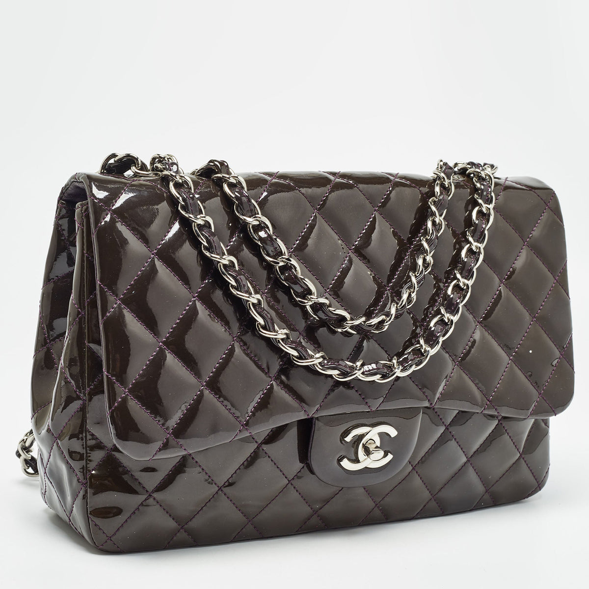 CHANEL Plum Quilted Patent Leather Jumbo Classic Single Flap Bag