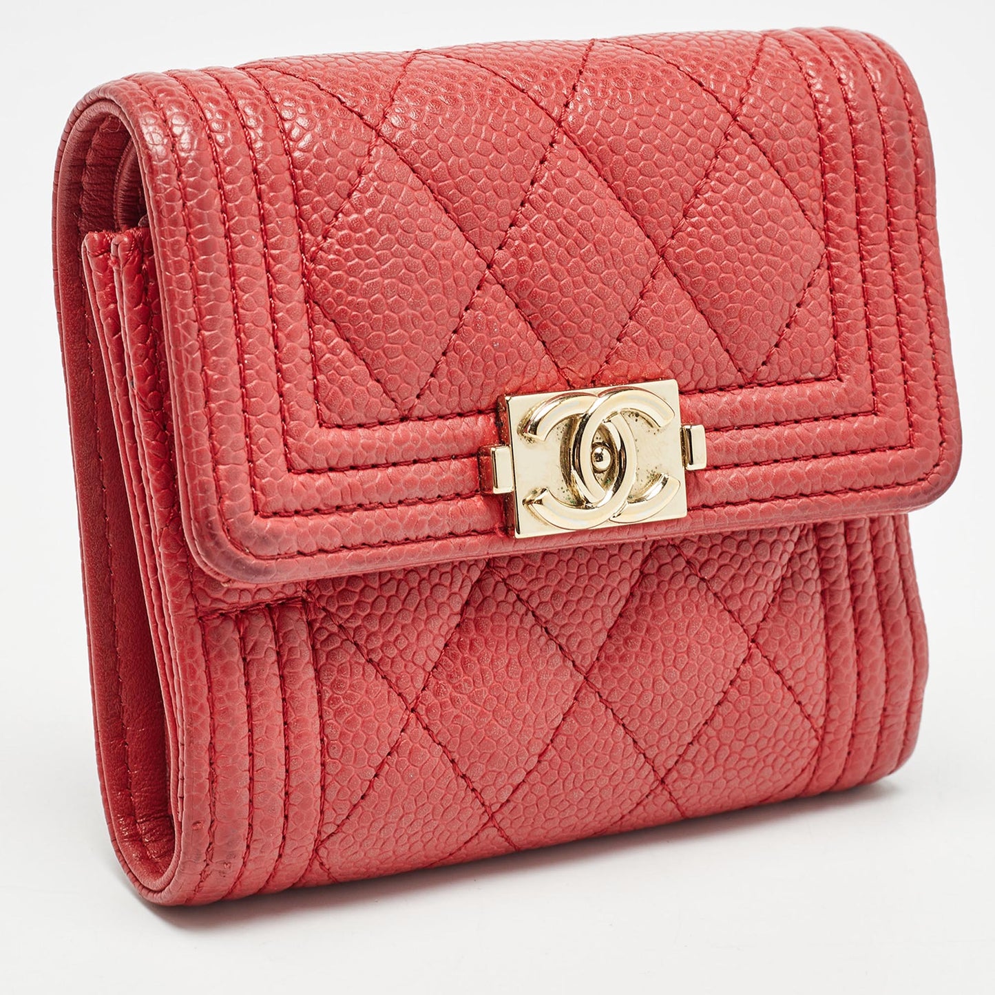 CHANEL Red Quilted Caviar Leather Boy Compact Wallet