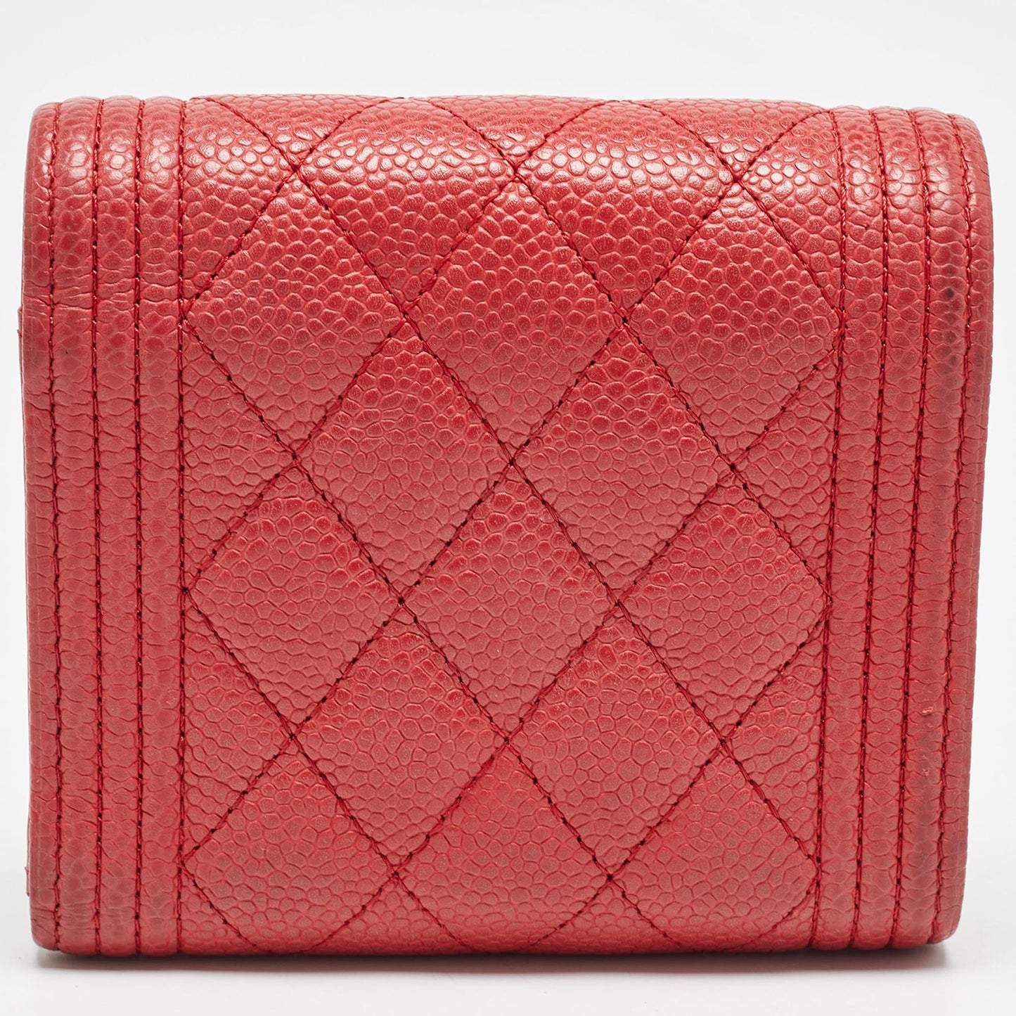 CHANEL Red Quilted Caviar Leather Boy Compact Wallet