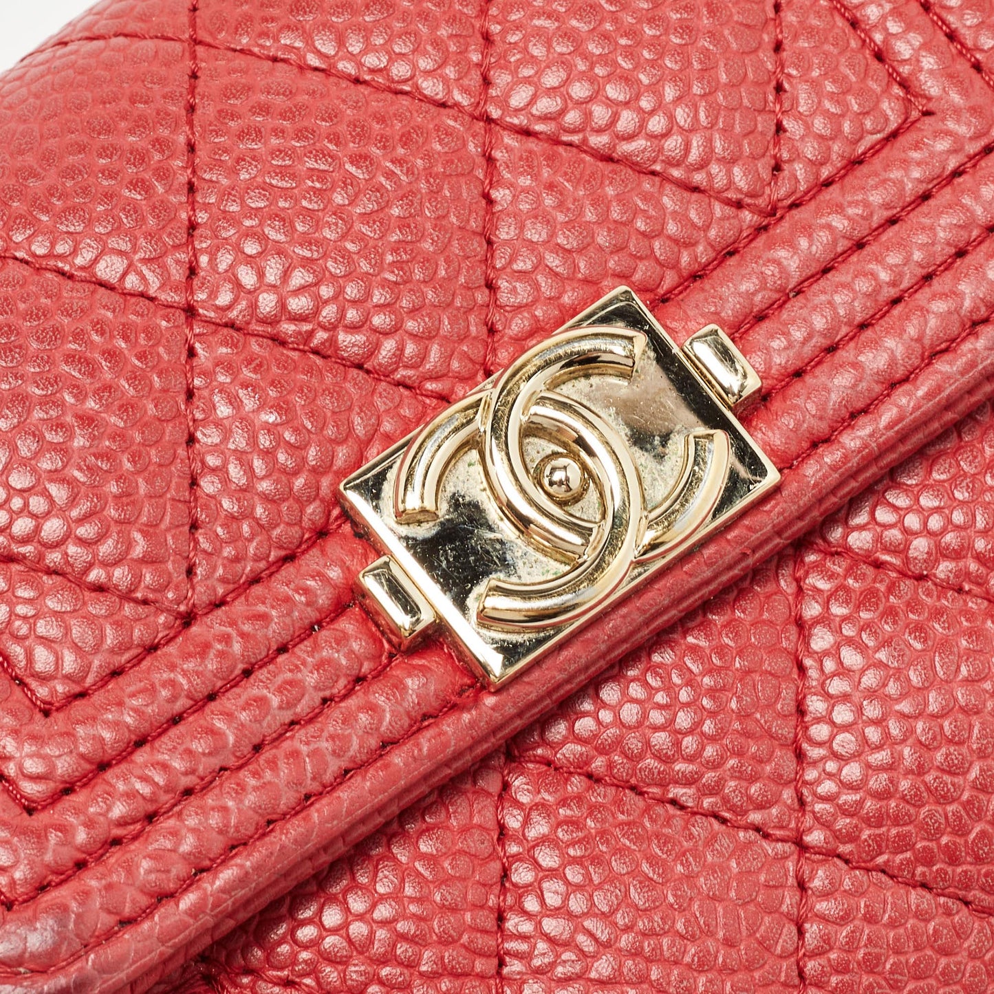 CHANEL Red Quilted Caviar Leather Boy Compact Wallet