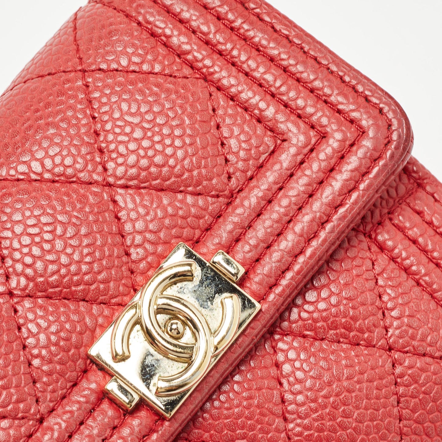 CHANEL Red Quilted Caviar Leather Boy Compact Wallet
