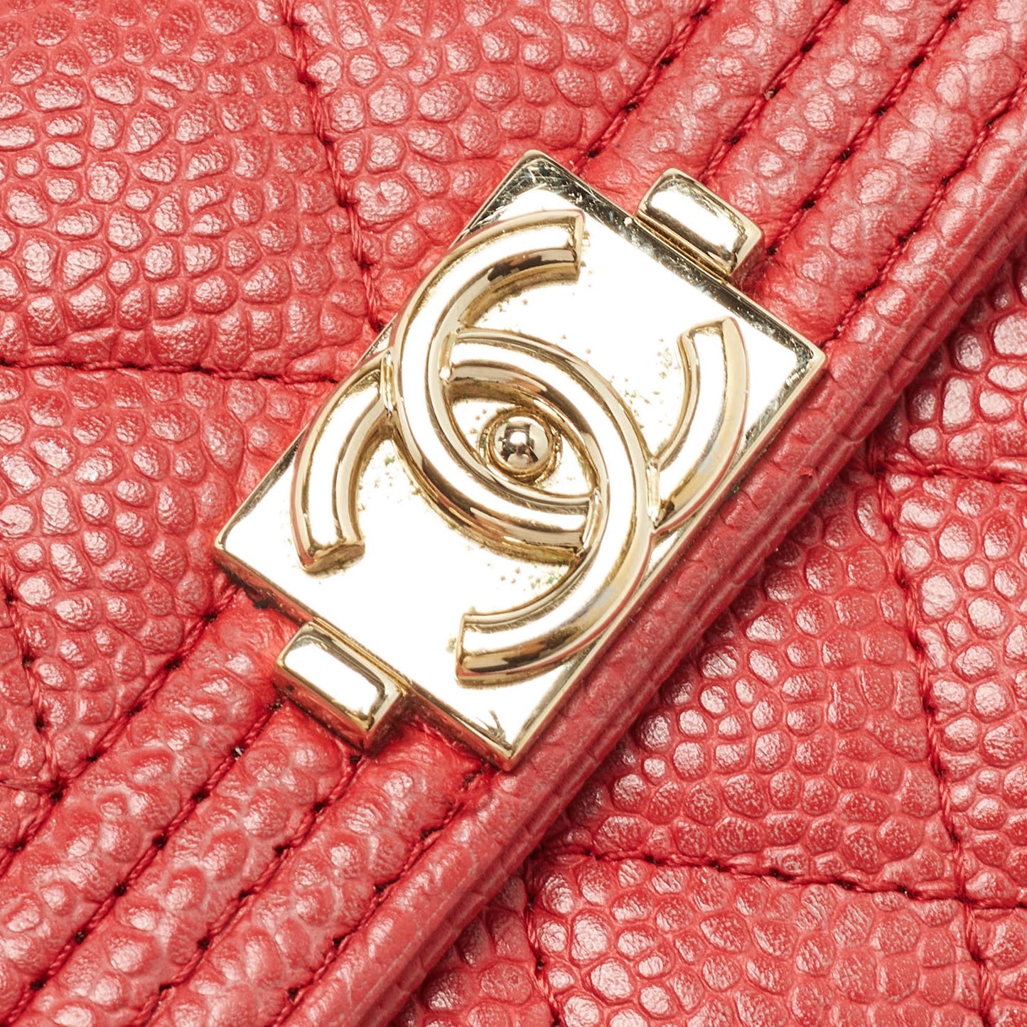 CHANEL Red Quilted Caviar Leather Boy Compact Wallet