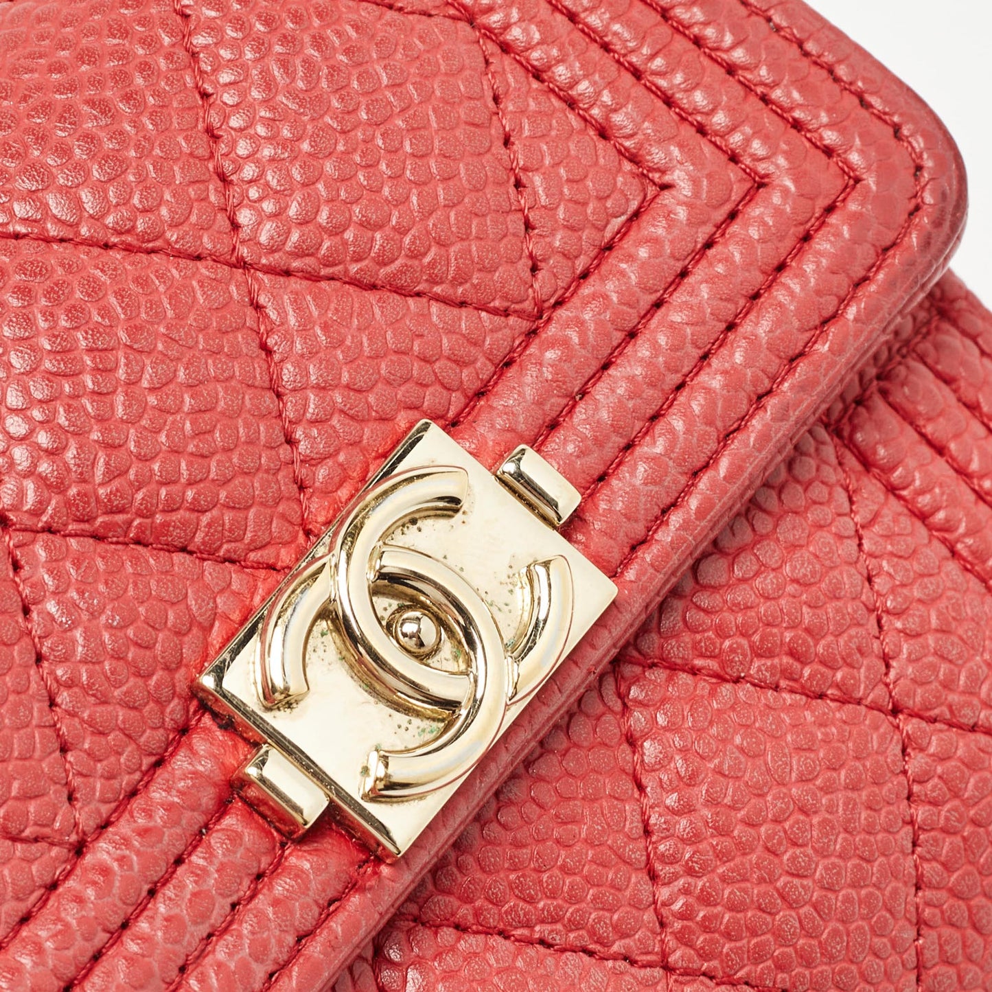 CHANEL Red Quilted Caviar Leather Boy Compact Wallet