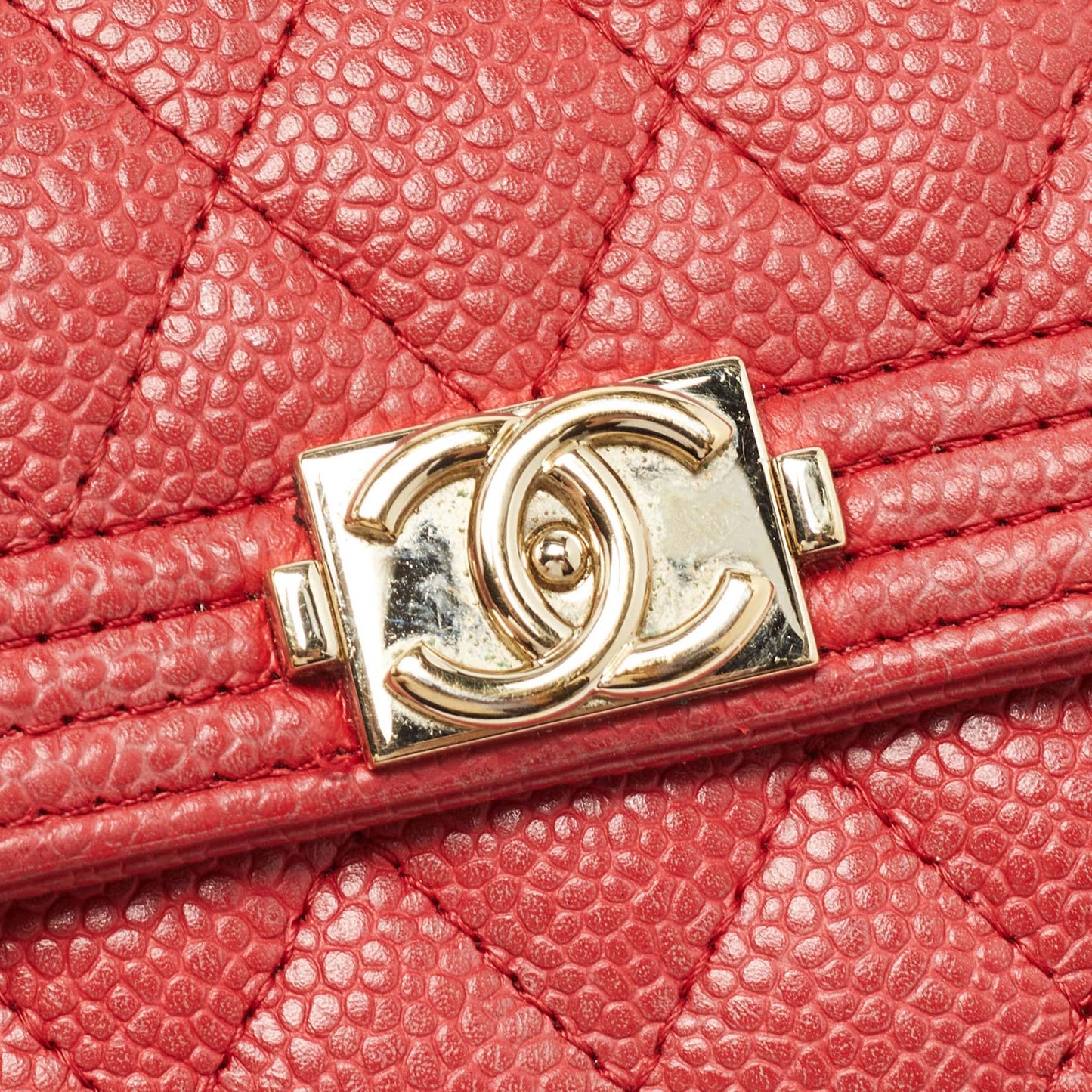CHANEL Red Quilted Caviar Leather Boy Compact Wallet