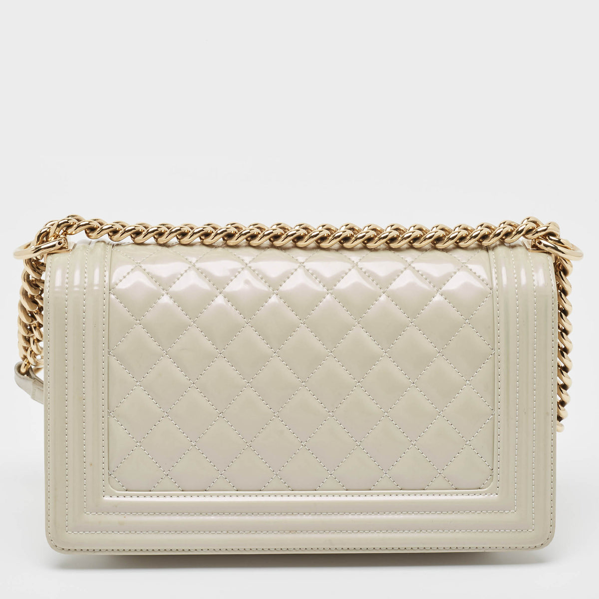 CHANEL Pearl White Quilted Patent Leather Medium Boy Flap Bag