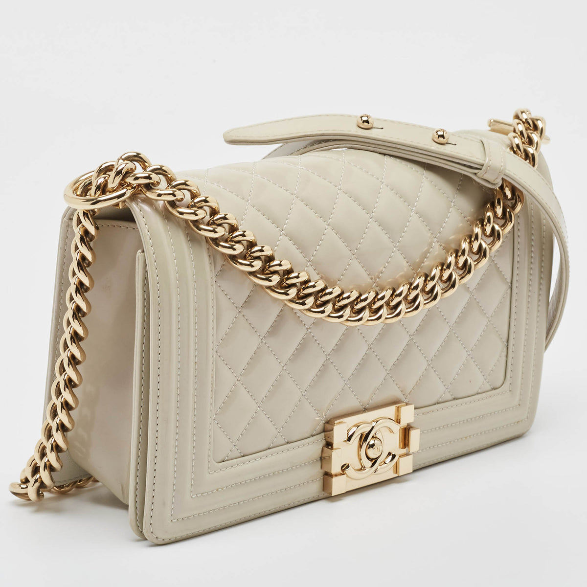 CHANEL Pearl White Quilted Patent Leather Medium Boy Flap Bag