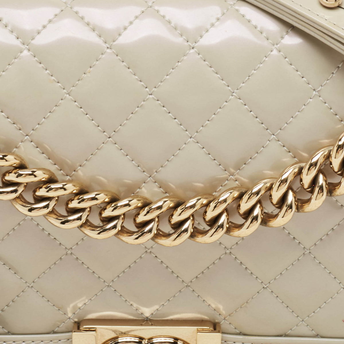 CHANEL Pearl White Quilted Patent Leather Medium Boy Flap Bag