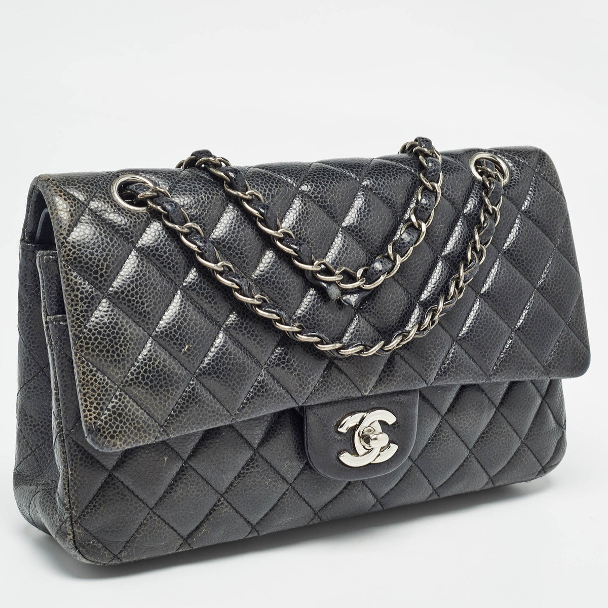 CHANEL Navy Blue Quilted Caviar Leather Medium Classic Double Flap Bag
