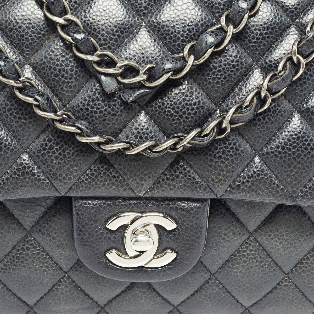 CHANEL Navy Blue Quilted Caviar Leather Medium Classic Double Flap Bag