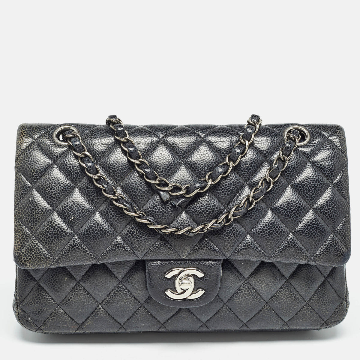 CHANEL Navy Blue Quilted Caviar Leather Medium Classic Double Flap Bag