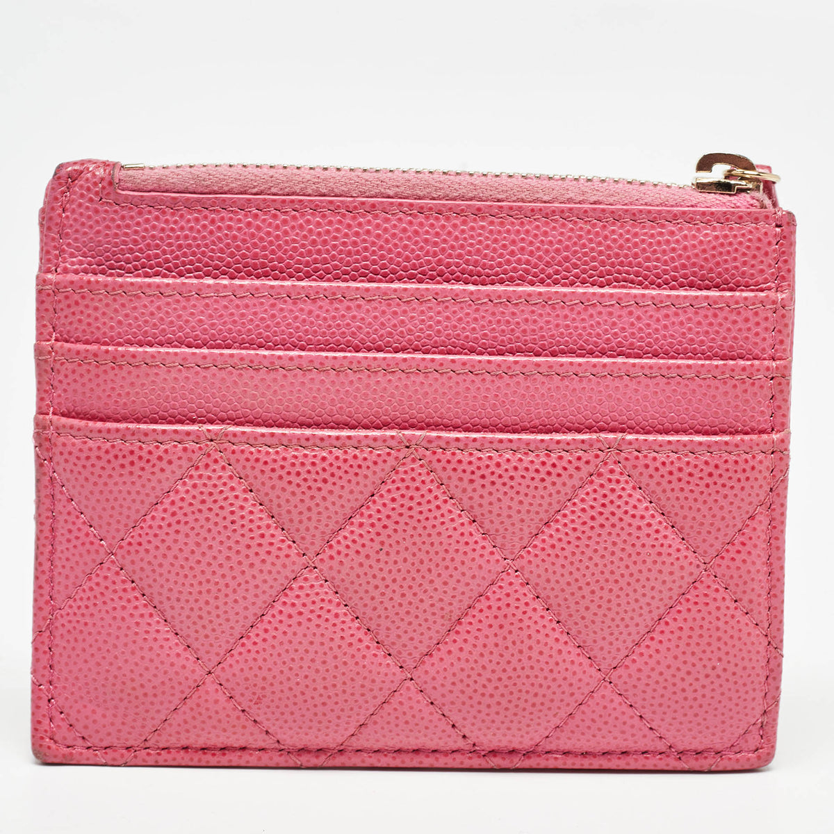 CHANEL Pink Quilted Caviar Leather CC Zip Card Holder