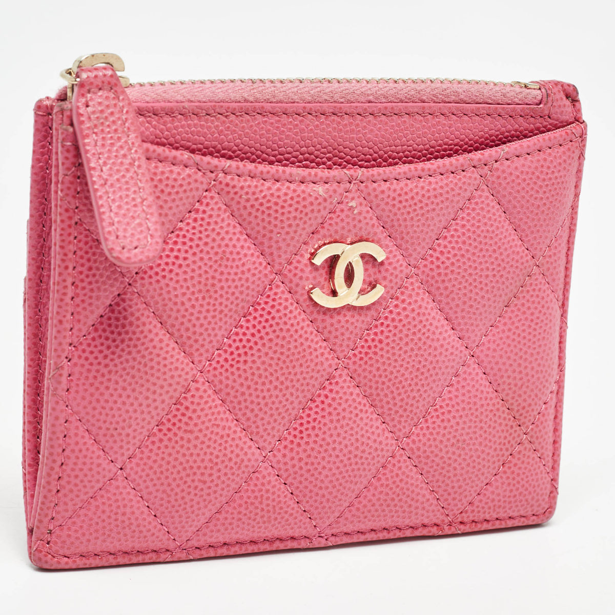 CHANEL Pink Quilted Caviar Leather CC Zip Card Holder