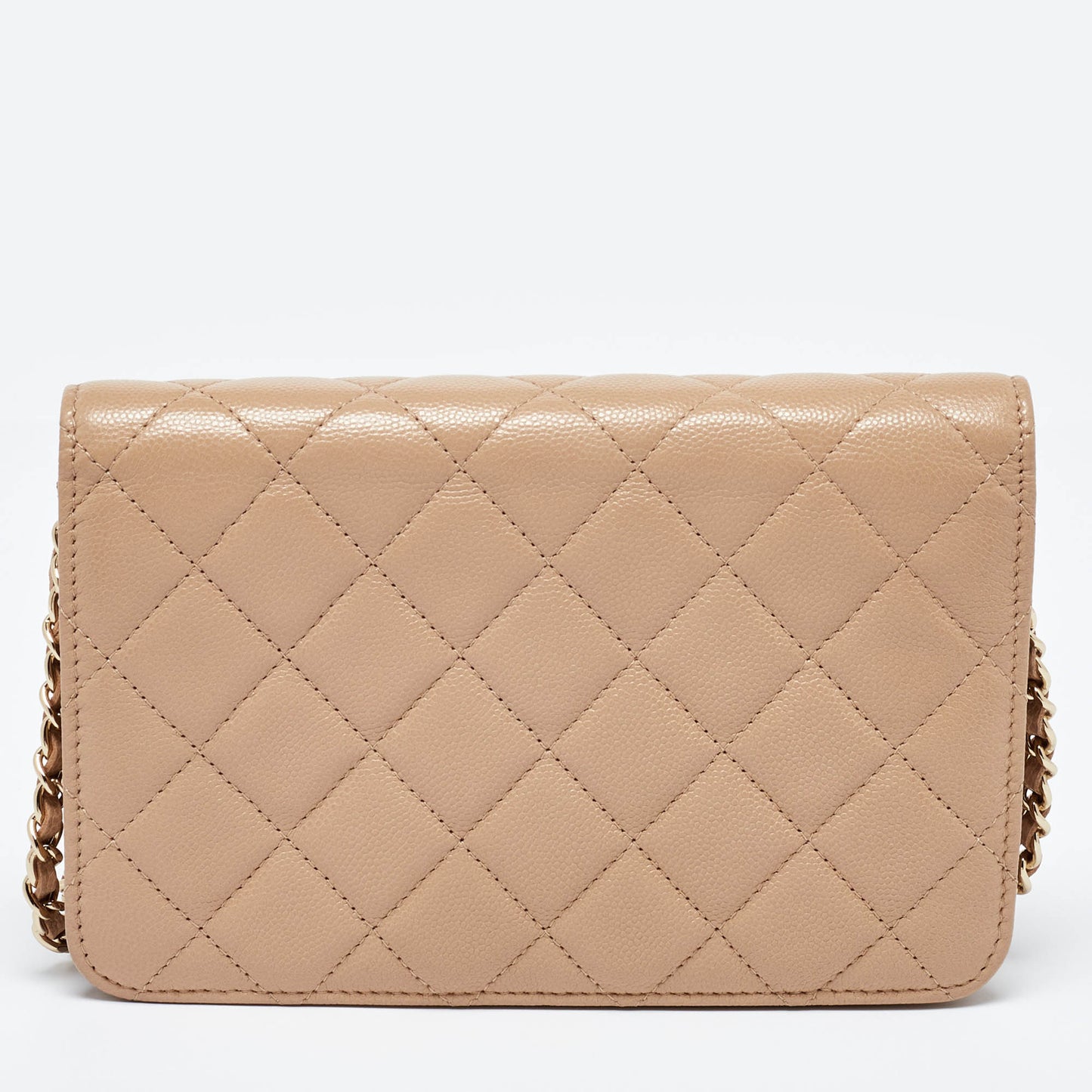 CHANEL Beige Quilted Caviar Leather CC Wallet on Chain