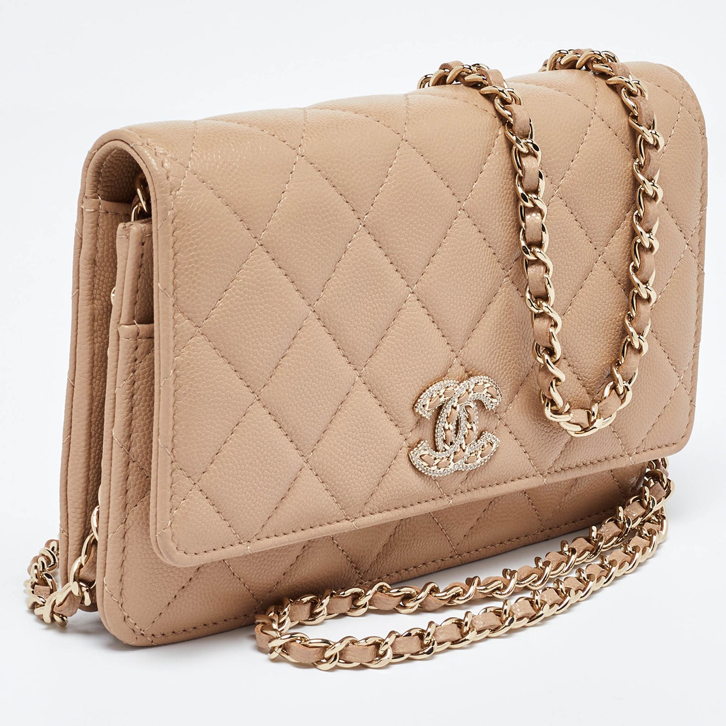 CHANEL Beige Quilted Caviar Leather CC Wallet on Chain