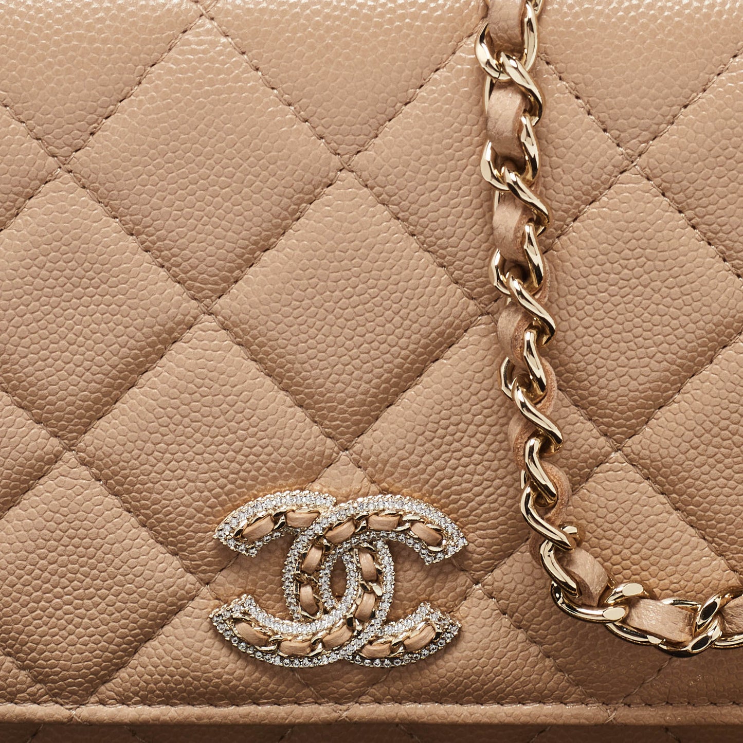 CHANEL Beige Quilted Caviar Leather CC Wallet on Chain