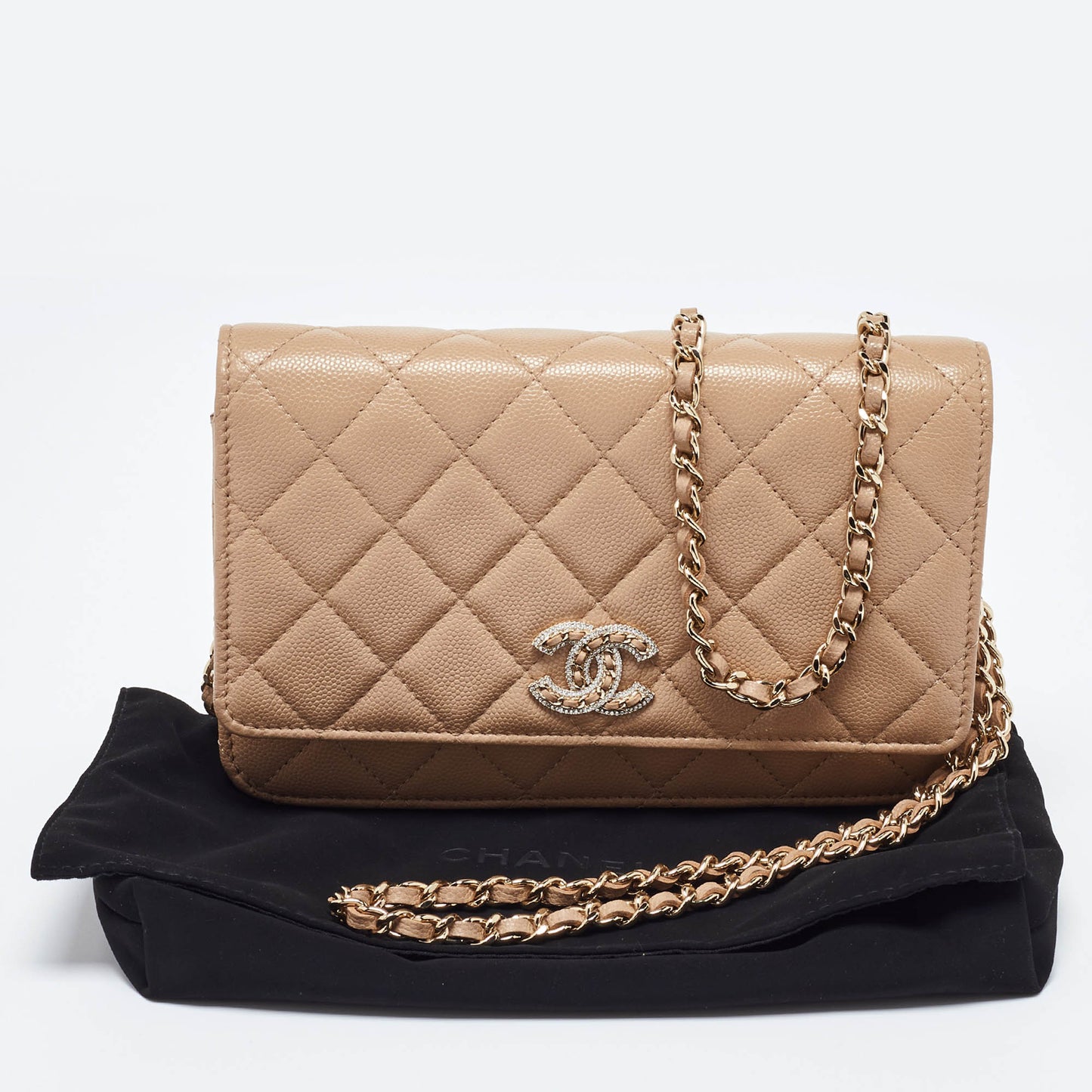 CHANEL Beige Quilted Caviar Leather CC Wallet on Chain