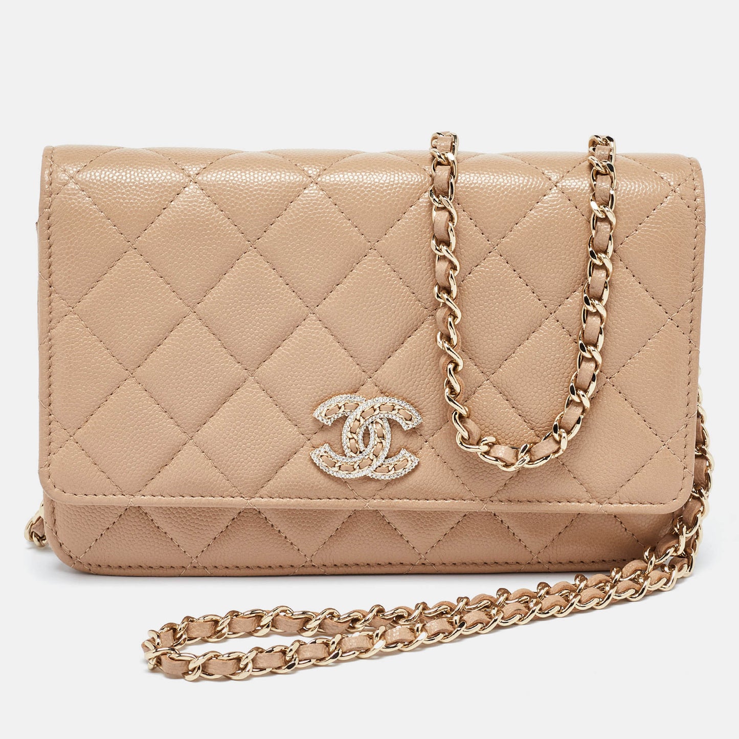 CHANEL Beige Quilted Caviar Leather CC Wallet on Chain