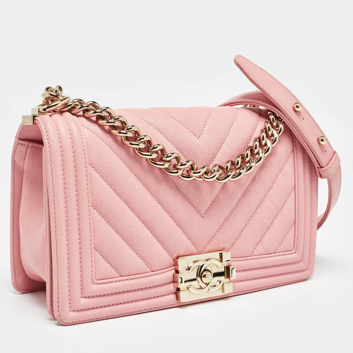 CHANEL Pink Chevron Caviar Leather Medium Boy Flap Bag